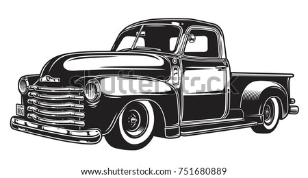 Monochrome illustration of classic retro style truck. Isolated on white.