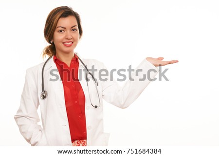 Nurse doctor woman smile with stethoscope, hold hand showing something on the open palm, concept advertisement product, empty copy space, wear white surgery medical uniform, isolated white background 