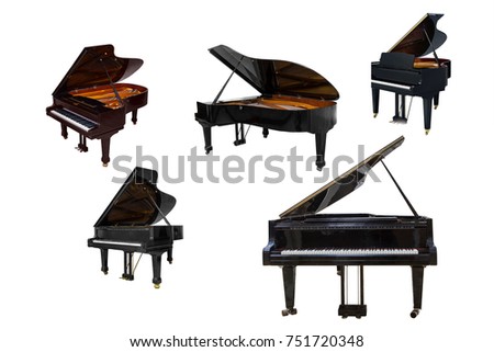 black Grand piano isolated on white background, black Grand piano isolated on white background, set of five pianos with different view and size