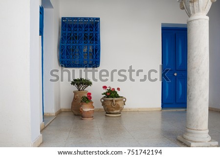  An ancient oriental, white blue city. Yard in front of the house with blossom flowers and ceramic  vases. Tunisia. Sidi Bou Said.