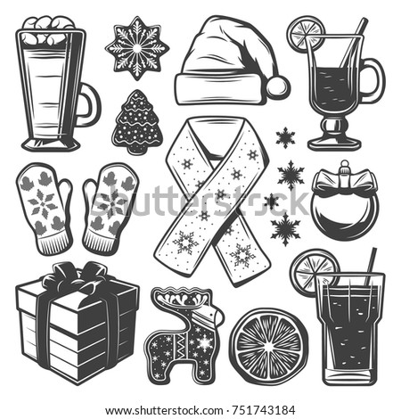 Vintage Christmas elements collection with mittens scarf hat beverages cocktails ball ginger cookies present box isolated vector illustration 