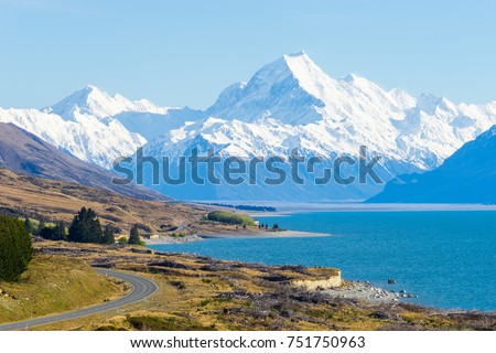 mount cook viewpoint with the lake pukaki and the road leading to mount cook village. Taken during summer in New Zealand. Royalty-Free Stock Photo #751750963