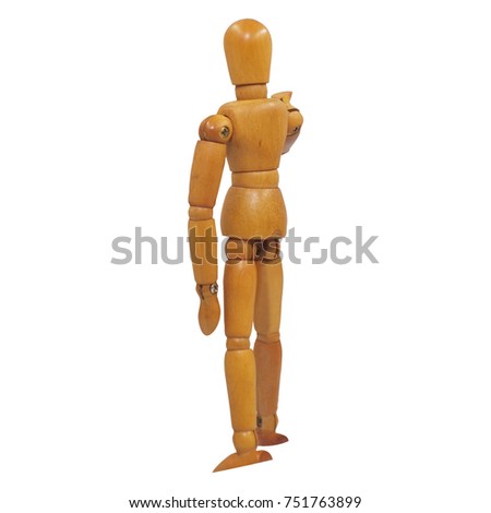 Wooden figure pose raising arm hand to introduce (back view-3) white background isolated with saved clipping path