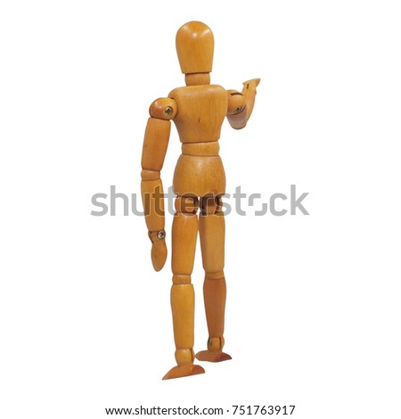 Wooden figure pose raising arm hand to introduce (back view-2) white background isolated with saved clipping path