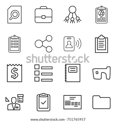 thin line icon set : search document, portfolio, share, report, clipboard, pass card, receipt, list, copybook, slum, architector, check, invoice, documents
