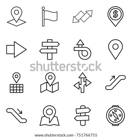 thin line icon set : pointer, flag, up down arrow, dollar pin, right, singlepost, trip, geo, map, route, escalator, signpost, compass