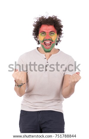 Football supporter feeling excited to his team's win. Isolated on white background.