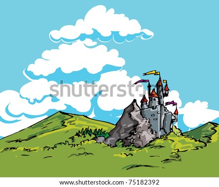 Castle in the country. Green scenery and blue skies