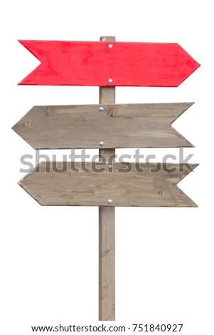Three wooden arrows - Direction sign. Isolated on white background.