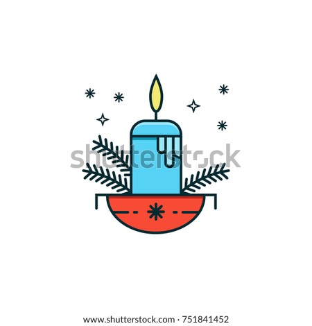 Candle in a bowl with pine branches. Flat color line icon of Christmas and New Year decoration for web and graphic design projects. Vector illustration 