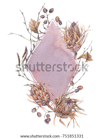 Watercolor botanical frame, Flowers protea, wildflowers, twigs, branches and leaves. Dry vintage bouquet, greeting floral card isolated on white background. Nature illustration