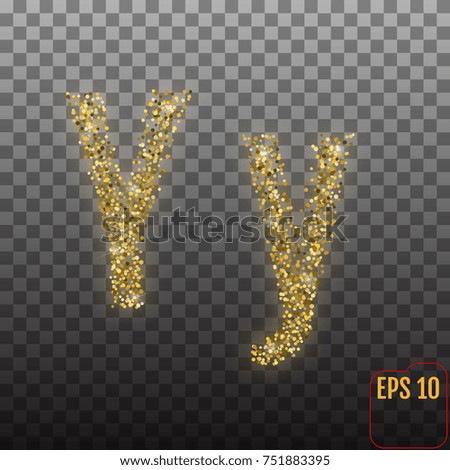Vector Alphabet. Gold letter Y on transparent background. Gold alphabet logo. Golden confetti and glitter concept. Font style - vector illustration.