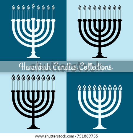 Collection of menorah for Hanukkah. Silhouette flat style menorah silhouette. Religion icons. Vector illustration.