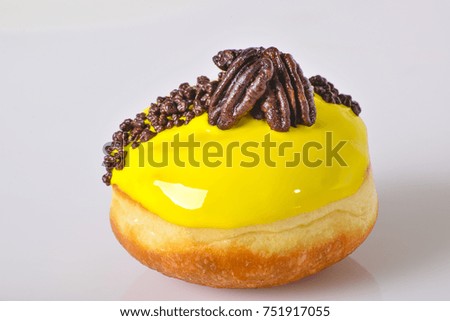 jewish food holiday Hanukkah symbol image of donut with chocolate . isolated . DESSERT 