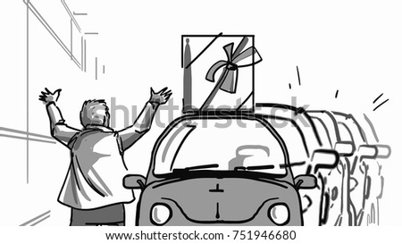 A queue of cars. There is a big gift box on the roof of the front car. A man with his arms up stands nearby. Car line near the supermarket, holiday shoping. Black and white vector sketch drawing.
