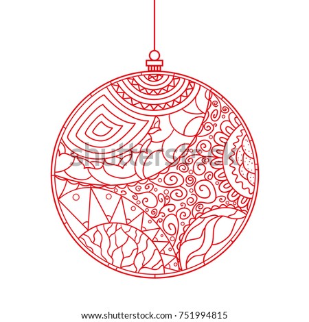 Christmas tree toy. Happy New Year. Zentangle. Hand drawn element with abstract patterns on isolation background. Design for spiritual relaxation for adults. Line art creation. Greeting cards