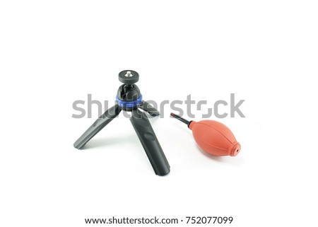 Tripod mini and Rubber Air Blower Pump Dust Cleaner isolated on white background.