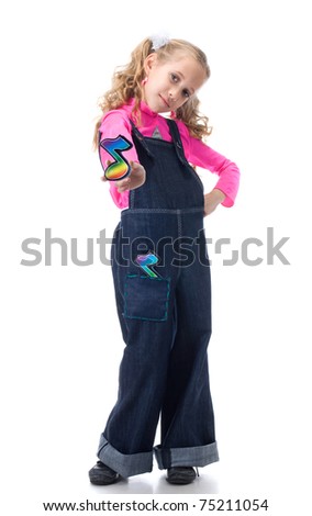 Young girl holding note sign. studio shot over white background