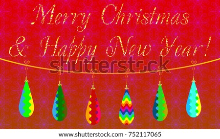 Decorative colored Christmas card with Christmas toys on a red  background, which can used as a template for design 