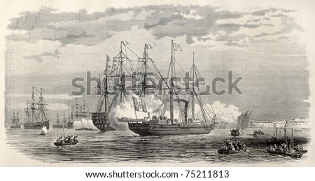 Imperial yacht Reine Hortense anchorage in Brest, during  Prince Imperial Louis  Eugene Napoleon Bonaparte journey. Created by Blanchard, published on L'Illustration, Journal Universel, Paris, 1868