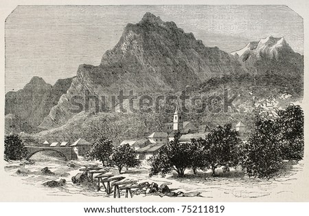 Old view of Saint Michel de Maurienne, alpine country of Savoy, Rhone-Alpes region, France. Created by De Bar, published on L'Illustration, Journal Universel, Paris, 1868