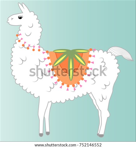 Lama, alpaca of white color, fluffy, with a bright saddle and flowers on a blue background