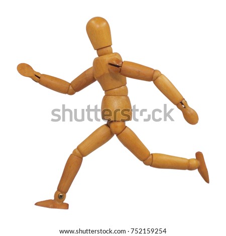 Wooden figure pose running (Left Side View) white background isolated object with saved clipping path