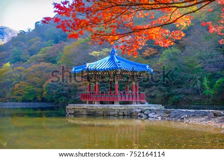 The Korean style pavilion is located in a pond with colorful foliage in autumn at Naejangsan National Park, South korea. 