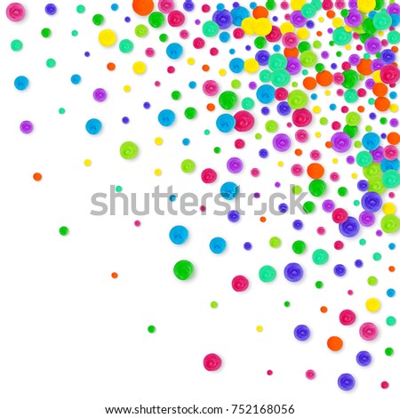 3d confetti on white background. Rainbow colored dots for holiday party. Isolated 3d confetti with happy mood splash. Abstract creative background. Hand drawn painted polka dot.