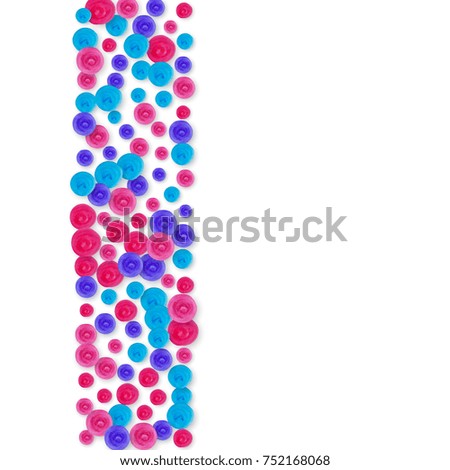 Confetti frame on white background. Cold colored dots for christmas party. Isolated confetti frame with happy mood splash. Abstract creative background. Hand drawn painted polka dot.
