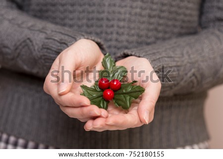 Detail of female hands holding a mistletoe