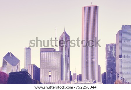 Color toned picture of Chicago skyline at sunset, Illinois, USA.