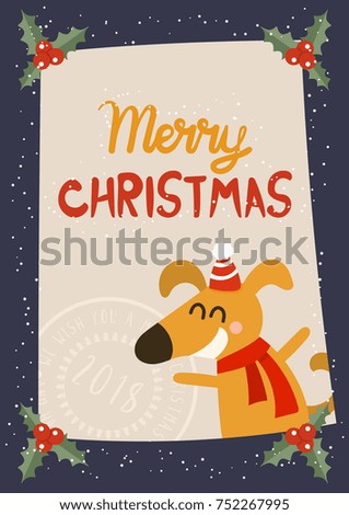Cartoon illustration for holiday theme with dog on winter background. Greeting card for Merry Christmas and Happy New Year. Vector 