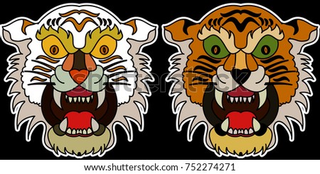 Tiger face sticker vector.Tiger head traditional tattoo.Tiger roaring