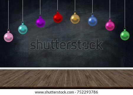Christmas Holiday Balls ornaments hanging in the class of school on blackboard background. picture copy space for art work design ad or add text message. Holiday concept, new year