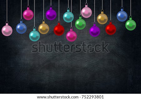 Christmas Holiday Balls ornaments in the class of school on blackboard background. picture copy space for art work design ad or add text message. Holiday concept, new year