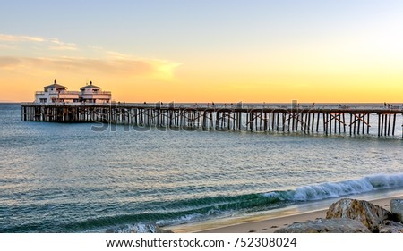 Sunset at Malibu pier and beach in Southern California Royalty-Free Stock Photo #752308024
