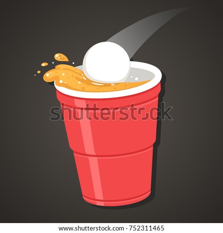 Beer pong illustration. Ping pong ball falling in red plastic cup with splashing beer. Classic party drinking game clip art.