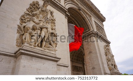 Spring photo from iconic Arc de Triomphe with beautiful scattered clouds, Champs Elysees, Paris, France                                