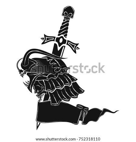 The vector image of a sharp-toothed skull in a helmet, a dagger and a ribbon. Black tribal tattoo. Vector color illustration.