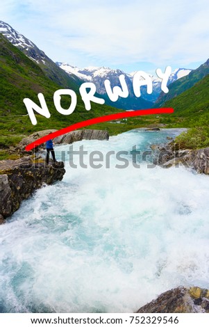 Travel, beauty in nature. Tourist woman looking at Videfossen (called Buldrefossen) waterfall in Norway Sogn og Fjordane