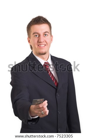 Businessman paying, giving, holding credit card on white background