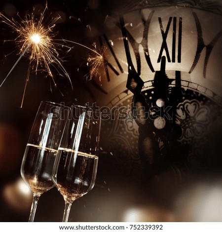 Congratulations with champagne and a clock for a happy new year background