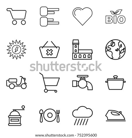thin line icon set : cart, diagram, heart, bio, sun power, delete, mansion, globe, scooter shipping, water tap, pan, hand mill, fork spoon plate, rain cloud, iron