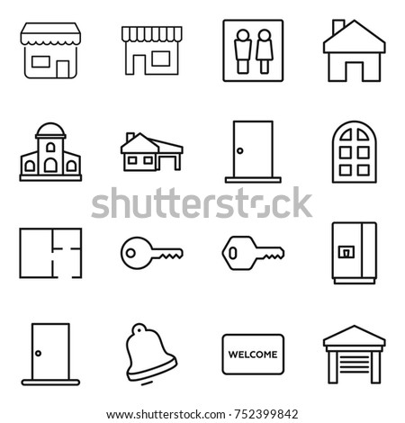 thin line icon set : shop, wc, home, mansion, house with garage, door, arch window, plan, key, fridge, bell, welcome mat