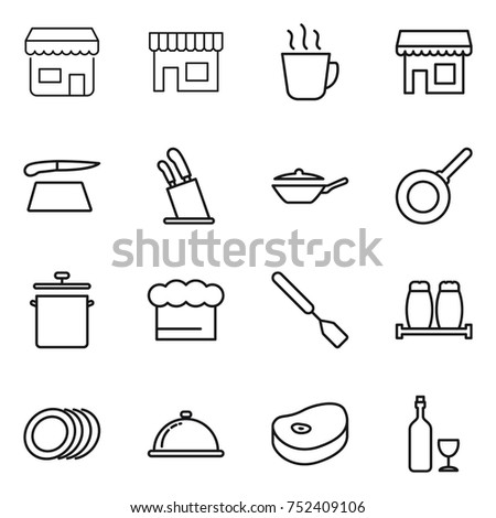 thin line icon set : shop, hot drink, cutting board, stands for knives, pan, chief hat, spatula, salt pepper, plates, meal cap, steake, wine