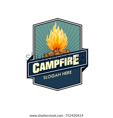 Illustration for sport camping, campfire, emblem camping, hobby illustration. Vintage mountain campfire vector logo and labels set