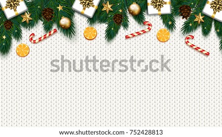 Christmas decoration with fir tree, gift, candy canes on white knitted background. Vector illustration