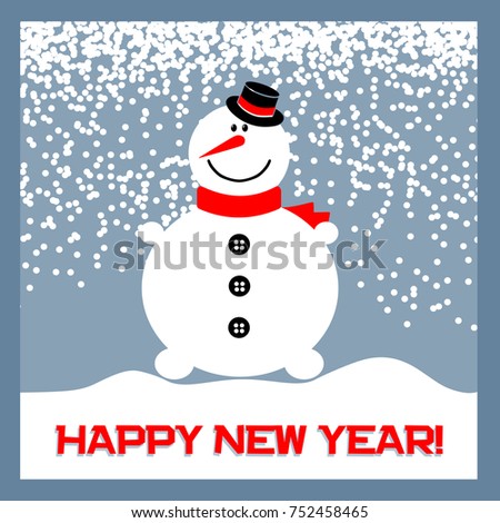 Christmas card with snowman in hat and snow