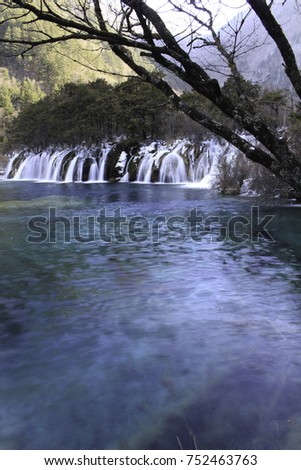 A waterfall cascading between trees with a branch in foreground. Bright blue water with green tint in sunshine at Jiuzhaigou, China.